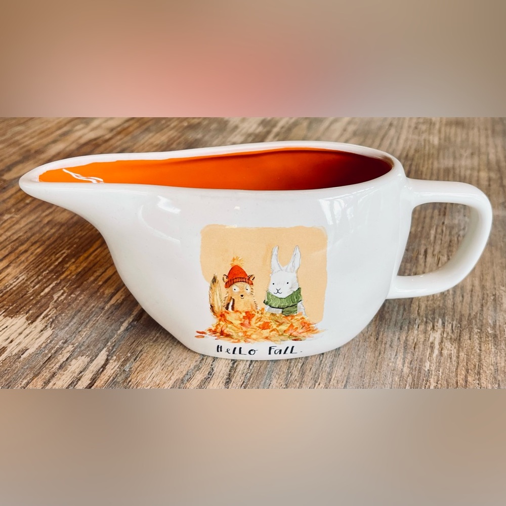 Rae Dunn Artisan Collection Magenta Hello Fall Gravy Boat. Squirrel And Rabbit